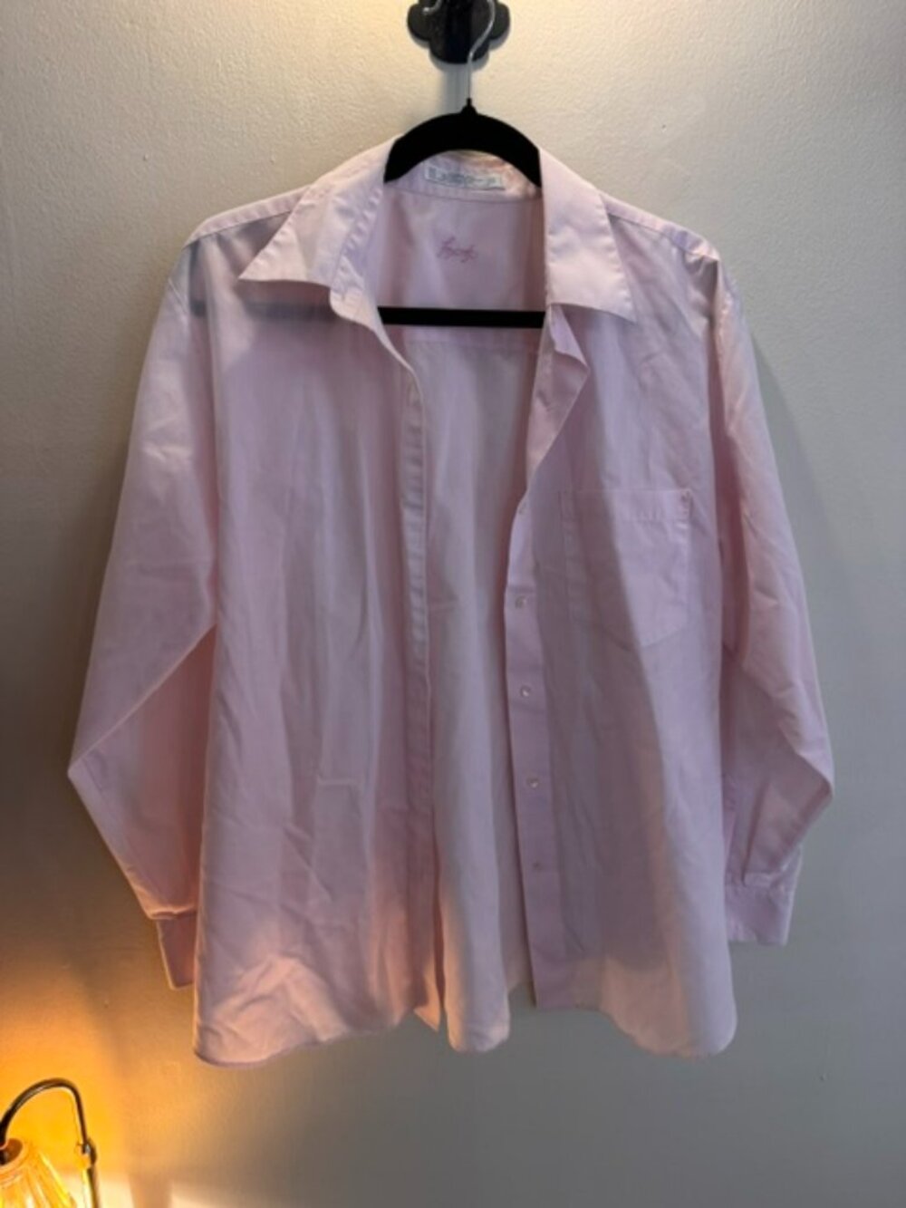 Foxcroft women's long-sleeve button-up shirt in a light pink hue.